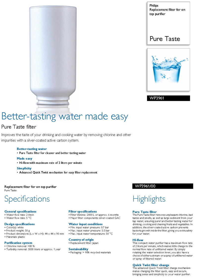 Philips WP3961 On‑Tap Water Purifier Replacement Filter Premium Clean