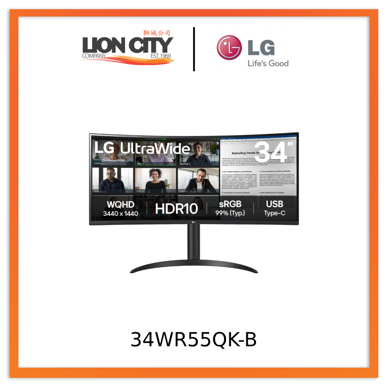 LG 34WR55QK-B 34" UltraWide™ QHD Curved monitor with USB Type-C™