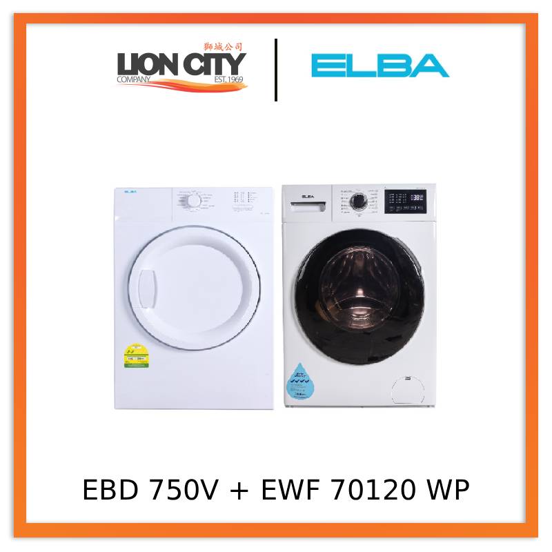 Elba EBD 750 V 7kg Air Vented Dryer + EWF 70120 WP 7kg Front Load Washing Machine