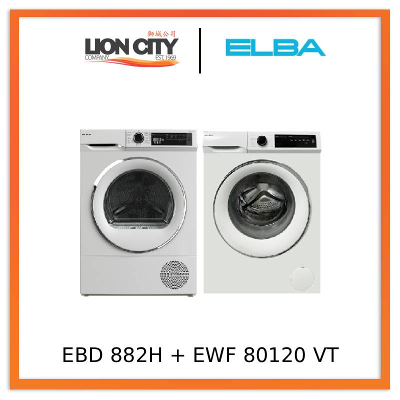 Elba EBD 882H VT 8kg Heat Pump Dryer+EWF 80120 VT 8kg Front Load Washing Machine