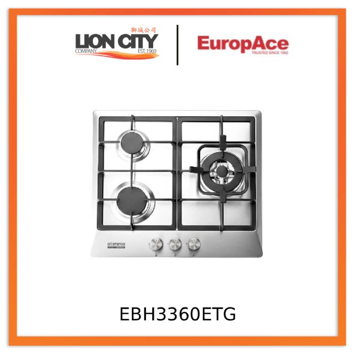 EuropAce EBH3360ETG 60cm Built-In Stainless Steel Gas Hob (3burner)