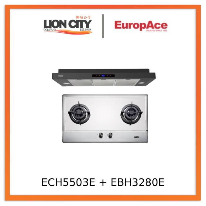 Europace ECH5503EBK OTIMMO Slimline Hood 90CM + EuropAce EBH3280E TG/LPG 80cm Built-In Stainless Steel Gas Hob (2burner)