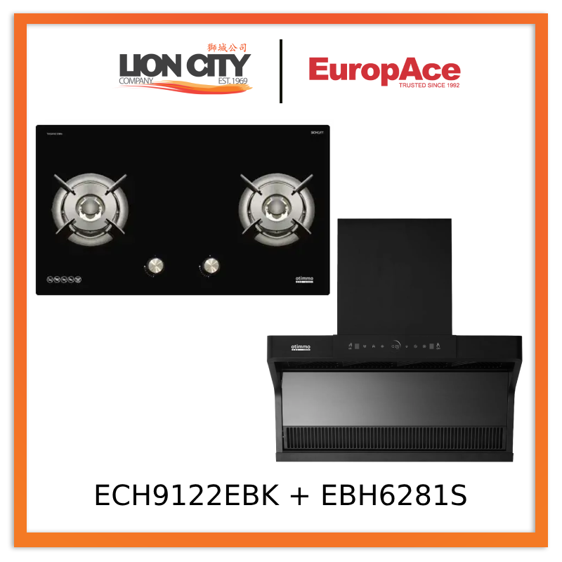 Europace ECH9122EBK 90cm 1200m3/h L-Shaped Hood with Dual Suction + EBH6281S 2 Burner 80cm Slim Gas Cooker Hob (Schott Glass)