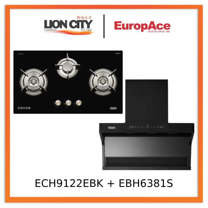 Europace ECH9122EBK 90cm 1200m3/h L-Shaped Hood with Dual Suction + EBH6381S 3 Burner 80cm Slim Hob (Schott Glass)