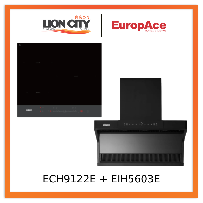 Europace ECH9122EBK 90cm 1200m3/h L-Shaped Hood with Dual Suction + EIH5603E 5 Series 60cm Induction Hob