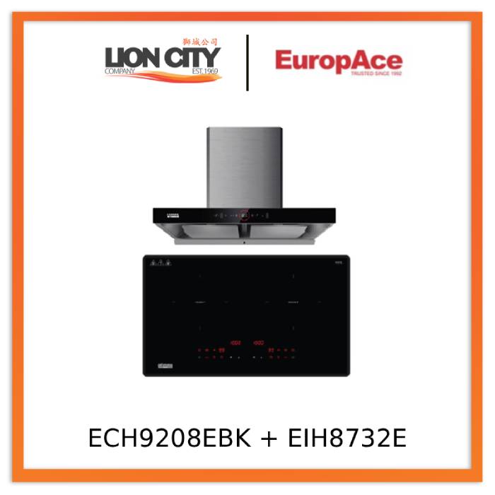 EuropAce ECH9208EBK 90cm 2000m3/h T-Shaped Chimney Hood + EuropAce EIH8732E 8 Series 73cm Induction Hob with Magnetic Knob