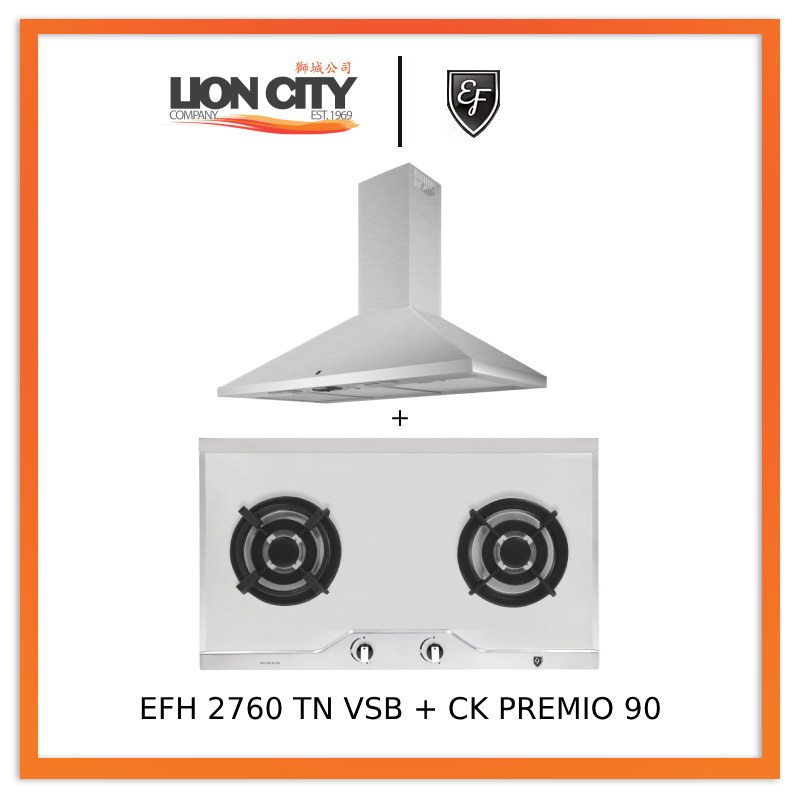 EF CK Premio 90 Chimney Hood + EF EFH 2760 TN VSB 78cm Built in Stainless Steel Gas Hob