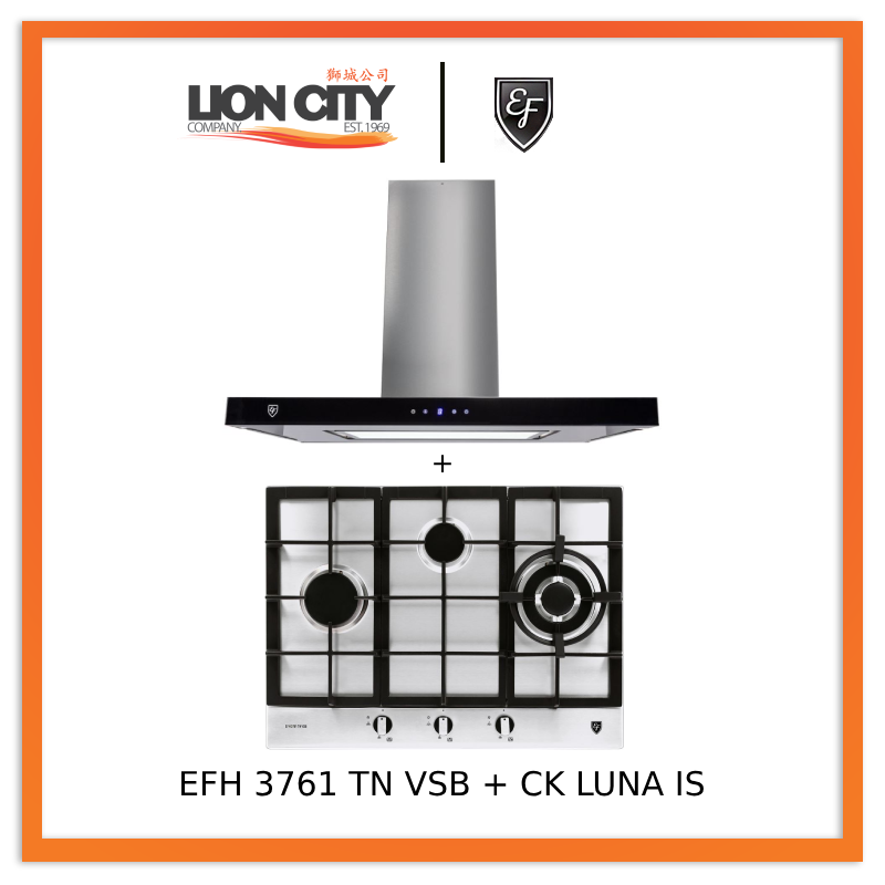 EF CK LUNA IS 90cm Island Hood + EF EFH 3761 TN VSB 68cm Built in Stainless Steel Gas Hob