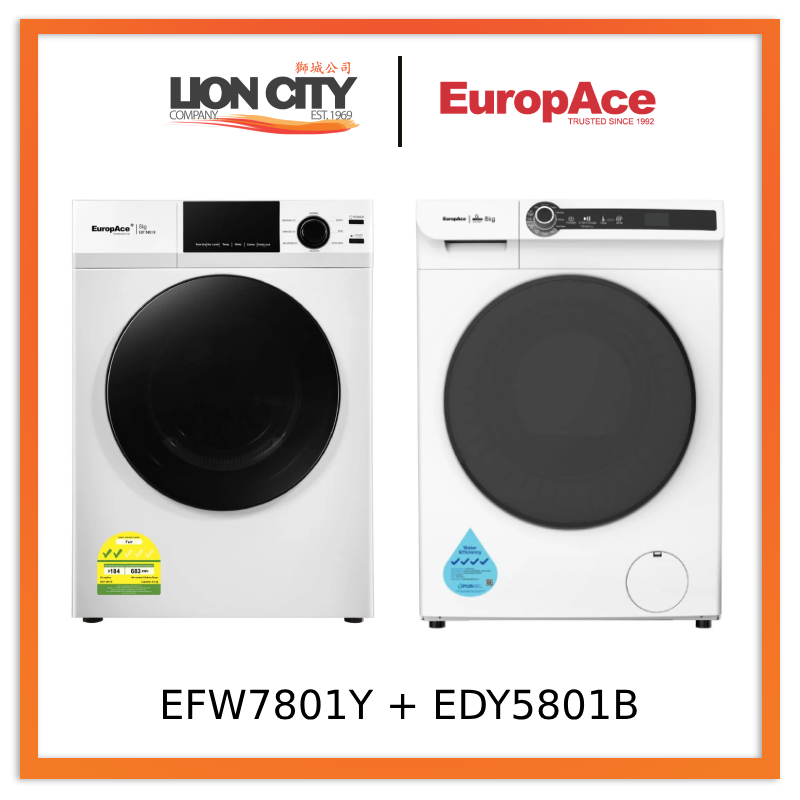 Europace EFW7801Y 3D Steam Front Load Washing Machine 8Kg + EuropAce EDY5801B 8kg Vented Dryer EDY 5801B