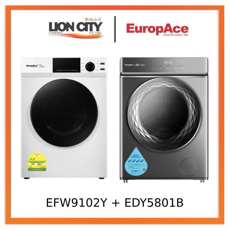 EuropAce EFW 9102Y 10 Kg Front Load Washing Machine EFW9102Y + EuropAce EDY5801B 8kg Vented Dryer EDY 5801B