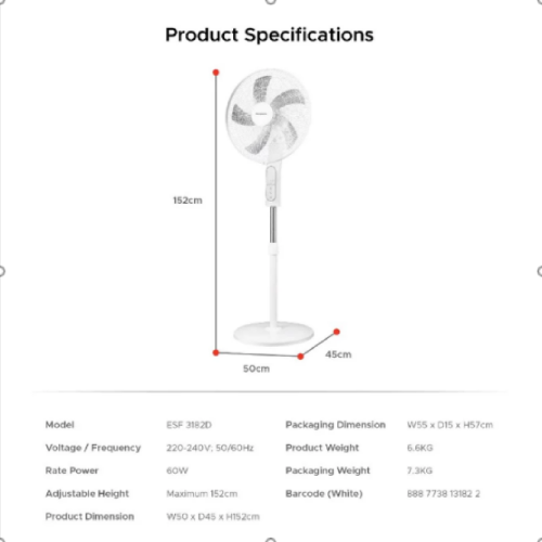 Europace ESF8187EDCR 18” Deluxe DC Stand Fan with Remote Quiet, Powerful, Energy-Efficient