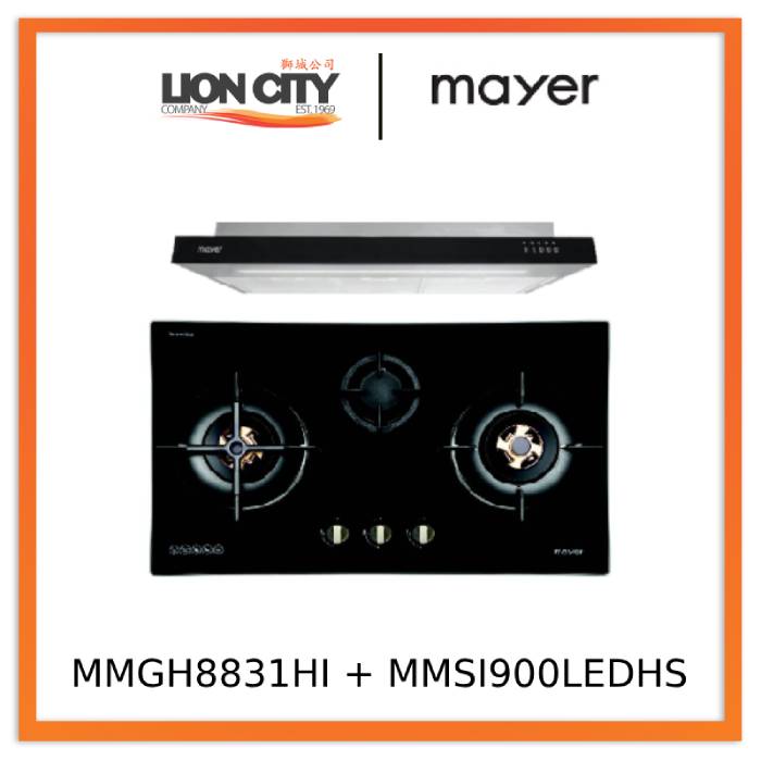 Mayer MMGH8831HI 86cm 3 Burner Glass Gas Hob + MMSI900LEDHS 90cm Semi-integrated Slimline Hood