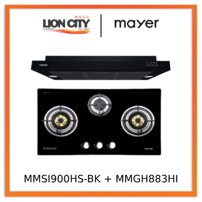Mayer MMSI900HS-BK/SL 90cm Semi-integrated Hood + MMGH883HI 86 cm 3 Burner Glass Gas Hob