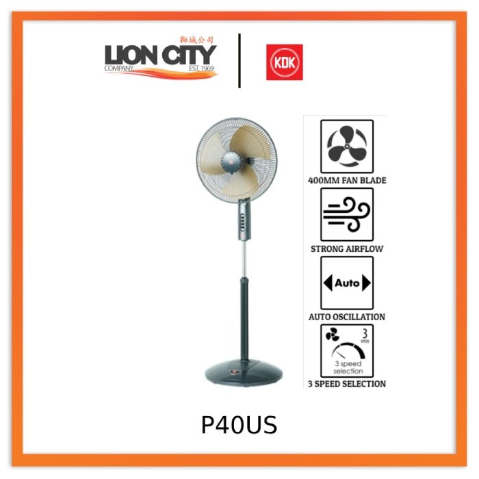 KDK P40US 16" 40cm 3-speed Stand Fan with Metal Blade (CH, WH, GL)