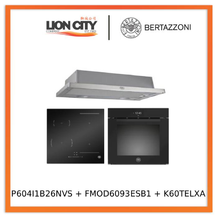 Bertazzoni P604I1B26NVS 60cm Induction Hob, 4 Cooking Zones + Bertazzoni FMOD6093ESB1 60cm Electric Built-in Oven, TFT Display, Total Steam + Bertazzoni K60TELXA Telescopic Hood 60cm - Lion City Company