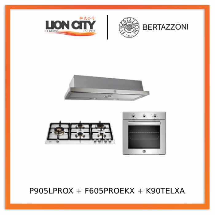 Bertazzoni P905LPROX Professional 90cm 5-Burner Gas Hob + F605PROEKX 5 Function Oven+ K90TELXA Hood