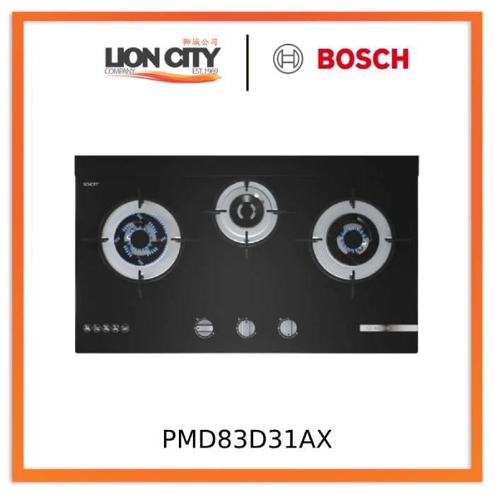 Bosch PMD83D31AX 78cm 3 Burner Tempered Glass Gas Hob Series 4 (Black)