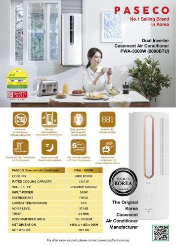 Paseco PWA-3300W (8000 BTU) Dual Inverter Casement Air Conditioner