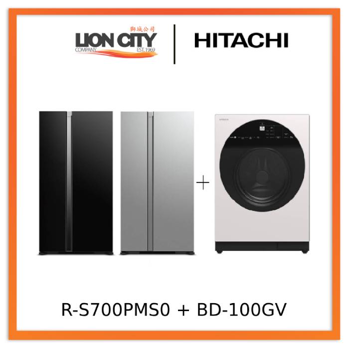 Hitachi R-S700PMS0-GBK/GS 595l Side-by-side Fridge (2 Ticks) + Hitachi BD-100GV Front Loading - Washer AI Wash, Inverter 10 kg, 1,600 RPM