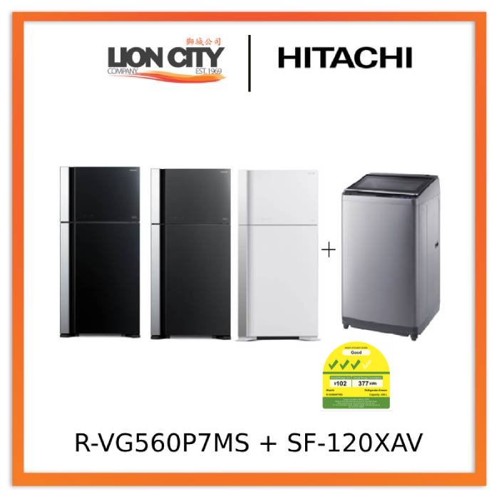 Hitachi R-VG560P7MS - GBK/GPW/GGR 450L Top Freezer Fridge + Hitachi SF-120XAV 12kg Top Load with Glass Top Washing Machinep Load with Glass Top Washing Machine
