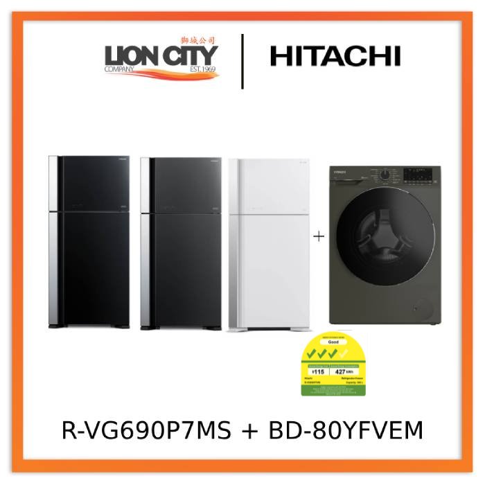 Hitachi R-VG690P7MS - GBK/GGR/GPW 550L Top Freezer Fridge + Hitachi BD-80YFVEM Front Loading - Washer Steam & Hygiene Easy Iron Inverter
