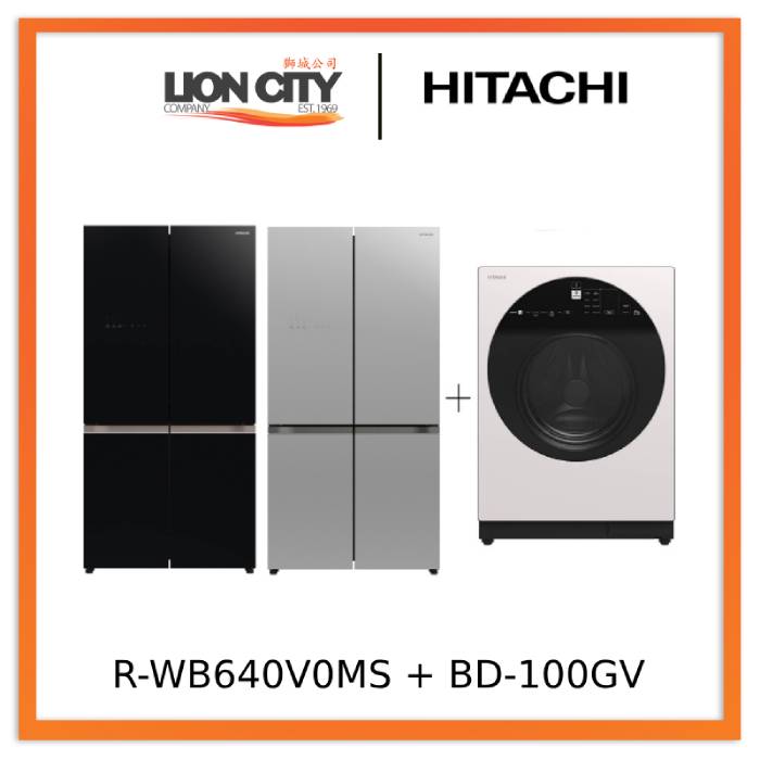 Hitachi R-WB640V0MS - GBK/GS French Bottom Freezer Deluxe 569L + Hitachi BD-100GV Front Loading - Washer AI Wash, Inverter 10 kg, 1,600 RPM