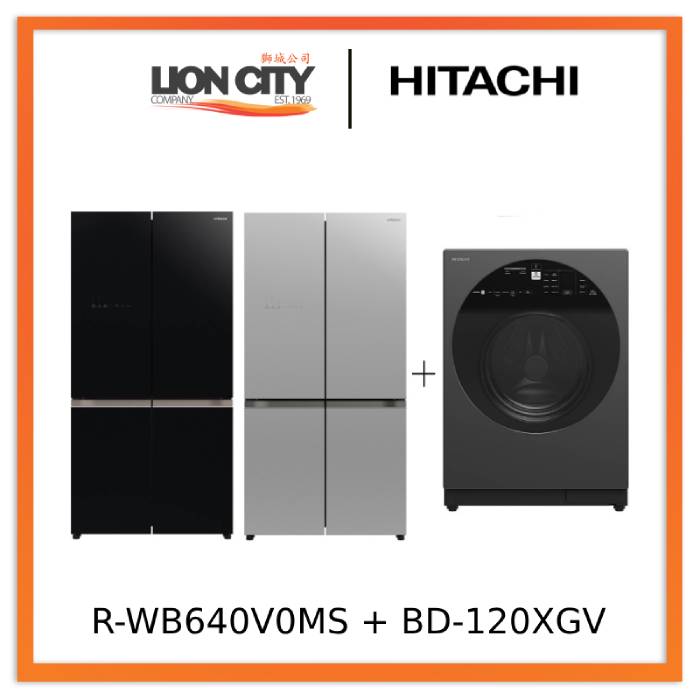 Hitachi R-WB640V0MS - GBK/GS French Bottom Freezer Deluxe 569L + Hitachi BD-120XGV Front Load Washer AI Wash, Auto Dosing System, Inverter 12 kg, 1,600 RPM