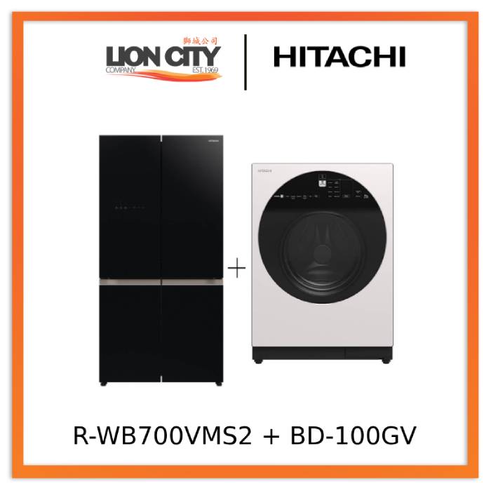 Hitachi R-WB700VMS2-GBK 645L French Bottom Freezer Deluxe 4-Door Refrigerator + Hitachi BD-100GV Front Loading - Washer AI Wash, Inverter 10 kg, 1,600 RPM