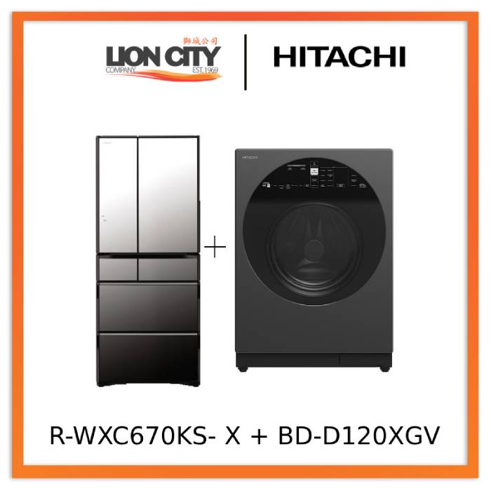 Hitachi R-WXC670KS-X Multi Door Refrigerator (500l)+Hitachi BD-D120XGV Front Load Washer Dryer 12/8KG