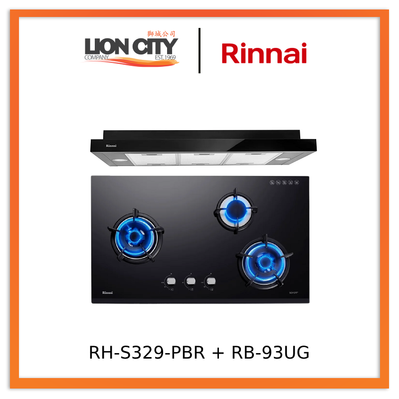Rinnai RH-S329-PBR SLIMLINE Hood + RB-93UG 3 BURNER GLASS HOB