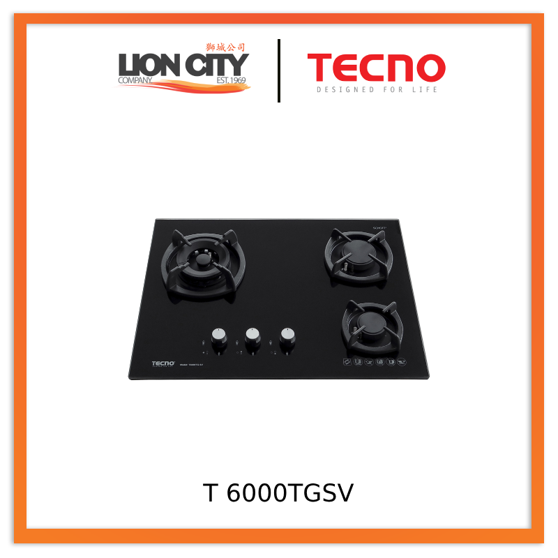 TECNO T 6000TGSV 3-Burner 65cm Glass Cooker Hob with Inferno Wok Burner Technology