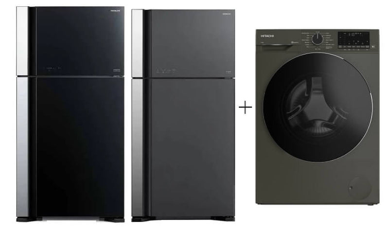 Hitachi R-VG695P9MSX - GBK / GGR BIG-2 Glass Door Inverter Refrigerator + Hitachi BD-100YFVEM Front Loading - Washer Steam & Hygiene Easy Iron Inverter
