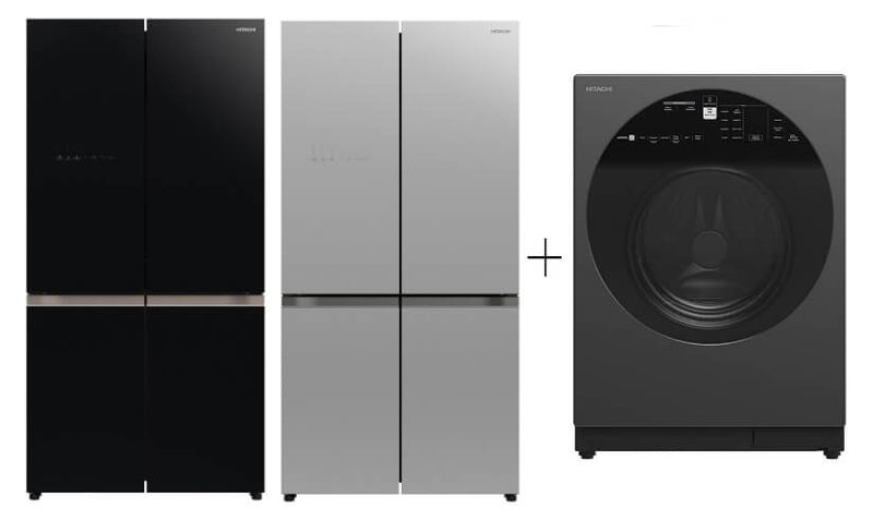 Hitachi R-WB640V0MS - GBK/GS French Bottom Freezer Deluxe 569L + Hitachi BD-120XGV Front Load Washer AI Wash, Auto Dosing System, Inverter 12 kg, 1,600 RPM