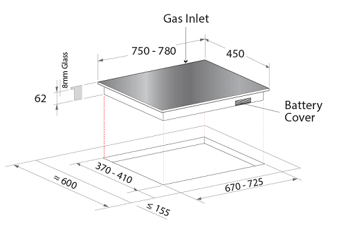 Mayer MMGH773HI 78 cm 3 Burner Glass Gas Hob