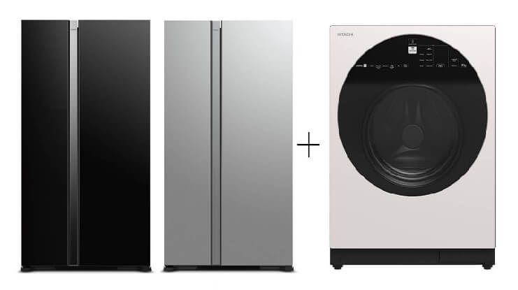 Hitachi R-S700PMS0-GBK/GS 595l Side-by-side Fridge (2 Ticks) + Hitachi BD-100GV Front Loading - Washer AI Wash, Inverter 10 kg, 1,600 RPM