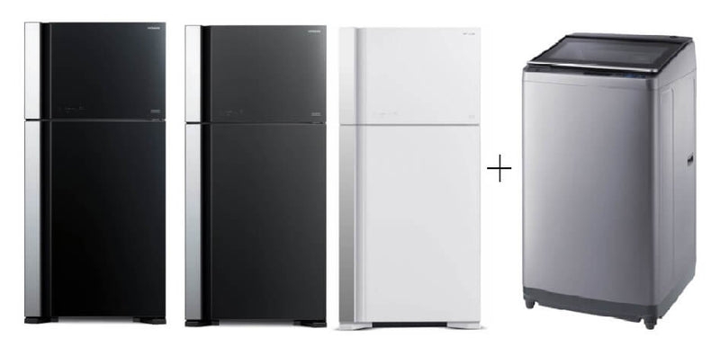 Hitachi R-VG560P7MS - GBK/GPW/GGR 450L Top Freezer Fridge + Hitachi SF-120XAV 12kg Top Load with Glass Top Washing Machinep Load with Glass Top Washing Machine