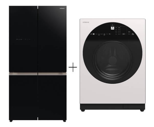 Hitachi R-WB700VMS2-GBK 645L French Bottom Freezer Deluxe 4-Door Refrigerator + Hitachi BD-100GV Front Loading - Washer AI Wash, Inverter 10 kg, 1,600 RPM