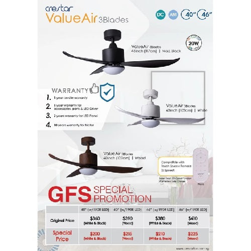 Crestar Valueair 3/5 Blade 40/46/48/55 Inch Ceiling Fan With Led Light and Remote Control
