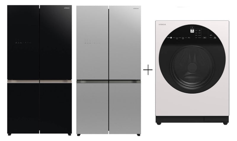 Hitachi R-WB640V0MS - GBK/GS French Bottom Freezer Deluxe 569L + Hitachi BD-100GV Front Loading - Washer AI Wash, Inverter 10 kg, 1,600 RPM
