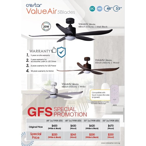 Crestar Valueair 3/5 Blade 40/46/48/55 Inch Ceiling Fan With Led Light and Remote Control