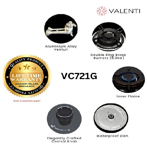 Valenti VC721G/VC821G/VC921G/VC831G/VC931G 2/3 Burner Glass Gas Hob