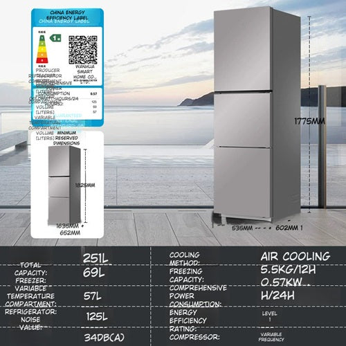 Haier Leader BCD-251WGLC3E7S9 251L Three-Door Frost-Free Air-Cooled Refrigerator Energy Class 1