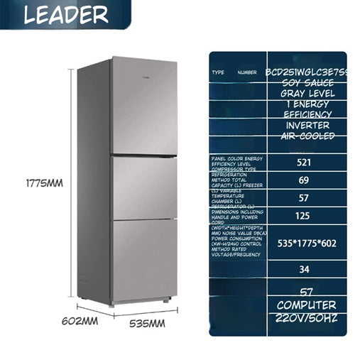 Haier Leader BCD-251WGLC3E7S9 251L Three-Door Frost-Free Air-Cooled Refrigerator Energy Class 1