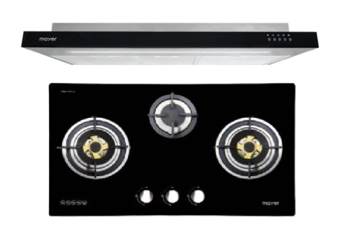 Mayer MMSI900HS-BK/SL 90cm Semi-integrated Hood + MMGH883HI  86 cm 3 Burner Glass Gas Hob