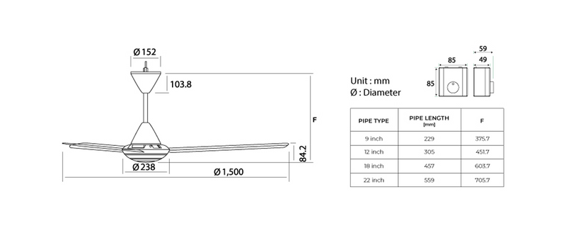 KDK M60SG White/Black 3 Blade Ceiling Fan 150cm