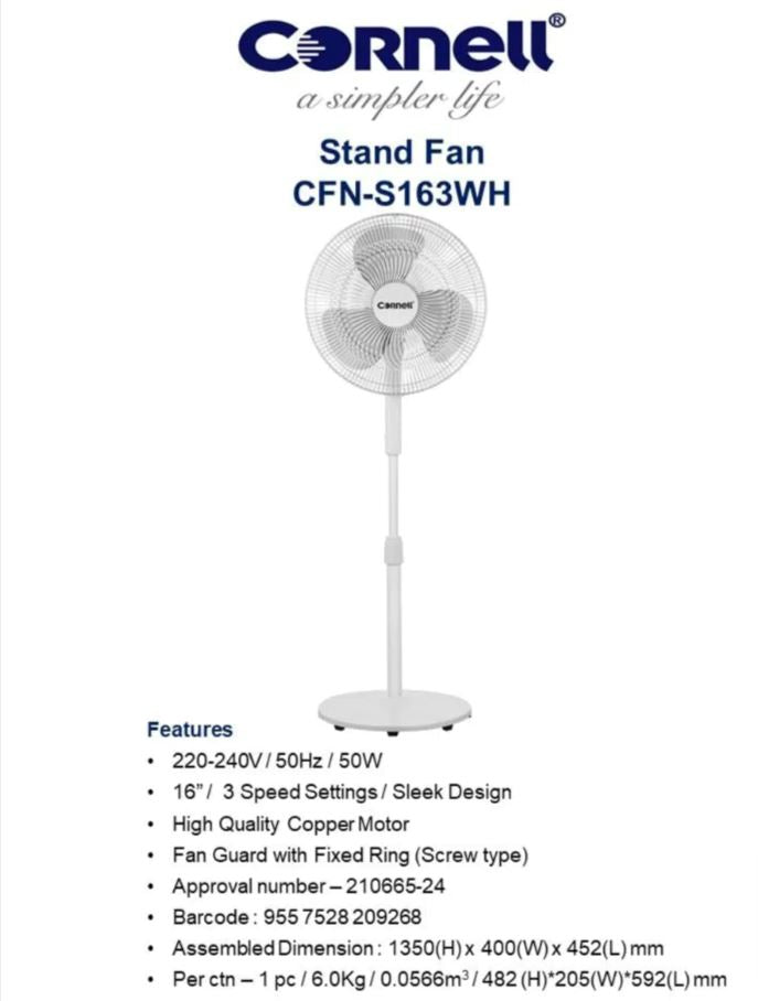 Cornell Stand Fan 16 Inch CFNS163WH