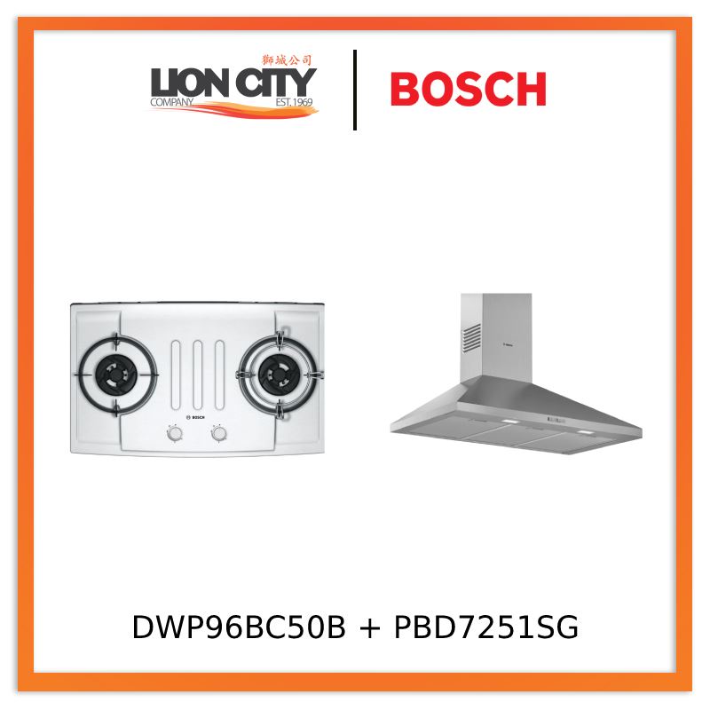 Bosch DWP96BC50B Series 2 Wall-mounted cooker hood 90 cm + PBD7251SG Series 2 Gas hob Stainless steel