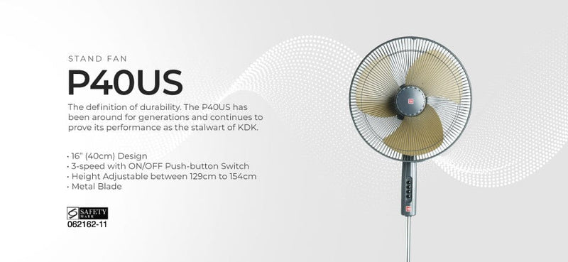 KDK P40US 16" 40cm 3-speed Stand Fan with Metal Blade (CH, WH, GL)