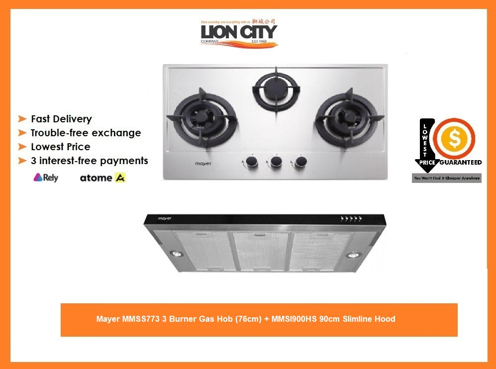 Mayer MMSS773 3 Burner Gas Hob (76cm) + MMSI900HS 90cm Slimline Hood