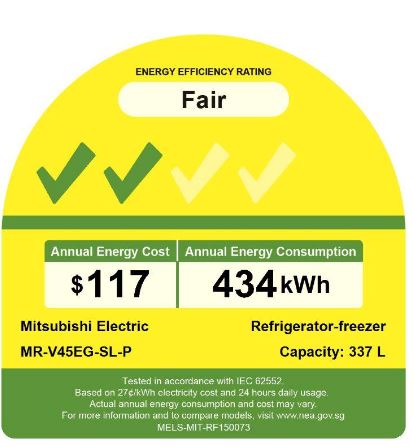 Mitsubishi MR-V45EG-ST-P 337l 3-Door Fridge Top Freezer (2 Ticks)